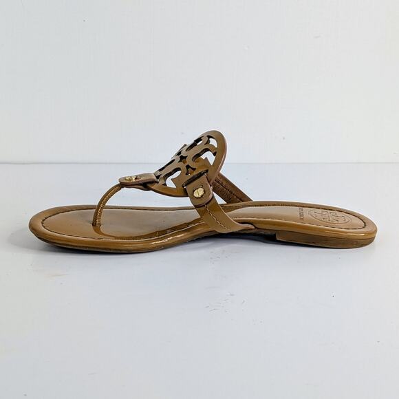 Tory Burch Shoes - Tory Burch Miller Sandals Womens 7.5 Tan Patent Leather Flat Double T Logo Thong